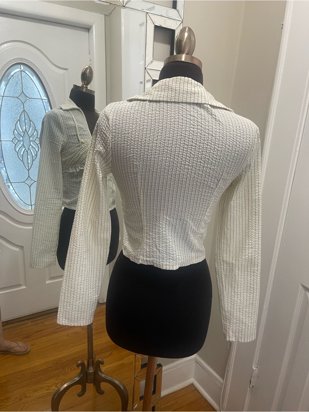 PrettyLittleThing Cream Striped Ruffle-Front Button Down Top - Picture 2 of 8